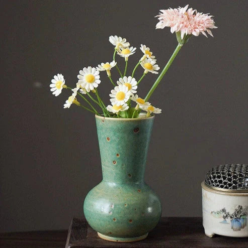 Handmade Ceramic Vase Emerald Green and white